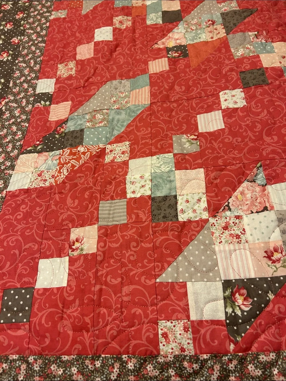 ONE OF A KIND - HANDCRAFTED  Coral and Gray Quilt - Floral